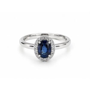 Sortija oro blanco y diamantes con zafiro
